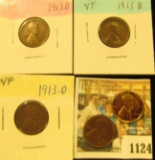 1124 _ Trio of 1913 D VF & a pair of 1935 P Brown Almost Uncirculated Lincoln Cent.