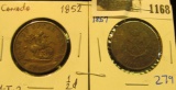 1168 _ 1852 & 1857 Bank of Upper Canada Half Penny Tokens, both depict St. George slaying the Dragon
