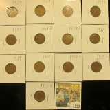 1232 _ (2) 1937P, D, S, 38P, D, S, 38S, (3) 39P, D, & (2) S Wheat Cents, most are VG to F. All carde