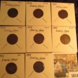 1618 _ 1865, 82, 83, 89, 93, 97, 99, & 1908 Indian Head Cents. Grading up to VG.