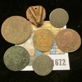 1672 _ (7) Old Copper Coins some with dates including 1705, 1769, 1800, 1825, 1836, & 1859.