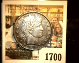 1700 _ 1899 P Barber Half Dollar, lovely toned AU with a small reverse rim ding.