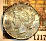 1717 _ 1925 P U.S. Silver Peace Dollar, Choice BU 64. Gold toning.