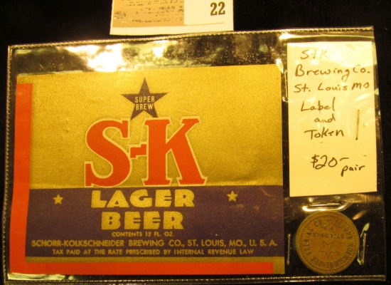 "S-K Lager Beer" Label and Token, early 1900 era.