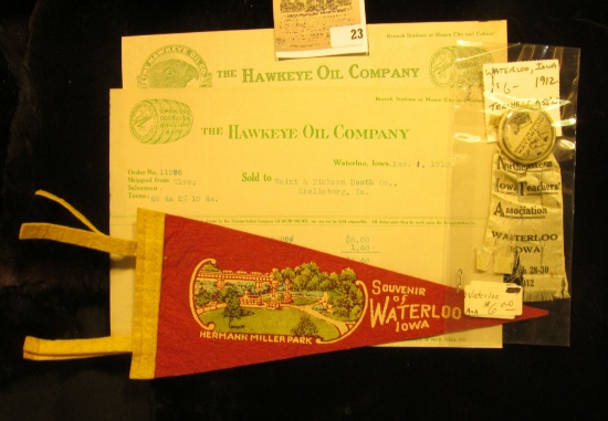Pair of 1910-11 Invoices "The Hawkeye Oil Company" Waterloo, Iowa; Felt Banner "Herman Miller Park S
