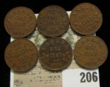 1929, 28, 32, 33, 35, & 36 lot of 6 King George V Canada Cents. Their condition averages VF.