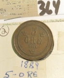 1889 Sweden Copper Five Ore.