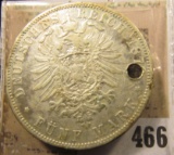 1876J Hamburg Germany Silver Five Mark. Holed.