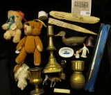 Ivory with Gold-filled head Pen, (no tip) in leather bound case; numerous miniatures and small toys;