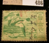 1949 Two Dollar Federal Migratory Waterfowl Stamp, signed. RW16. Stained.