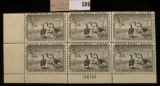 1958 Plateblock of Six RW25 $2.00 Federal Migratory Waterfowl Stamps, all mint, unsigned & stored in