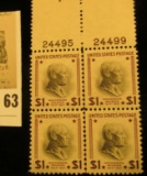 Block of Four with Plate Numbers Original Woodrow Wilson One Dollar Stamps. Seldom ever seen as a bl