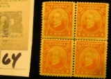 1938 Plate block of Four U.S. Stamp Scott # 832, $1 Wilson, Mint, Partial Gum.