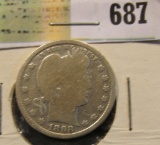 1898 S Silver Barber Quarter. Semi-key date.