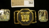 Pair of Oriental engraved and enameled Cuff-links; & an interesting Buckle with a figure with ornate