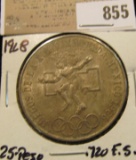 1968 Mexico Silver 25 Peso Olympic Commemorative, .720 fine Silver. lightly toned BU.