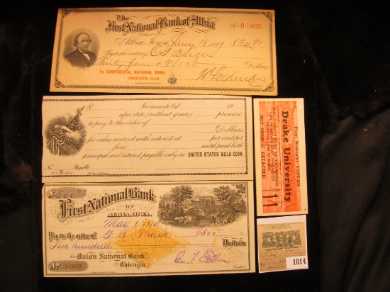 1014 _ Pair of 1927-28 "Drake University…reserved seat…" tickets; early 1900 Promissory note (unissu