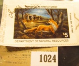 1024 _ 1996 Iowa Habitat Stamp depicting a Red Fox, signed by the hunter.