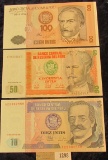 1298 _ 10, 50, & 100 Intis Bank notes from the Central Bank of Peru. all Crisp Uncirculated.