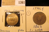 1361 _ 1863 Italian One Lira, Silver & 1962 Ireland Shilling, BU, Y14a.
