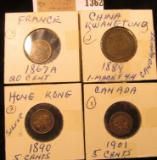 1362 _ 1901 Canada Five Cent Silver, VF+; 1890 Hong Kong Silver Five Cent; 1889 Kwangtung China Coin