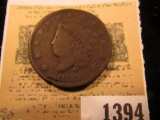 1394 _ 1825 U.S. Large Cent in an old time cardboard folder.