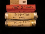 1398 _ 1955 D, 57 D, & 69 S Original BU Rolls of Lincoln Cents.