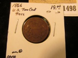 1498 _ 1866 U.S. Two Cent Piece, VG.