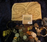 1538 _ Czechoslovakia Beaded & Zippered Purse containing old Antique Jewelry & various Foreign coins