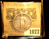 1077 _ 1917 D Type One Standing Liberty Quarter, EF.
