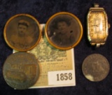 1858 _ Pair of 1860-80 era Portrait Pin-Backs; Caterpillar Diesel Power Medal; 17 Jewel Swiss Moveme