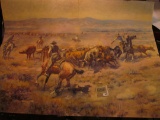 1882 _ Large Print of a C.M. Russell 1913 era Painting of Cowboys lassoing Cattle.