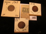1926 _ 1859 Good, 1878 Good, & 1909 P VF Indian Head Cents.