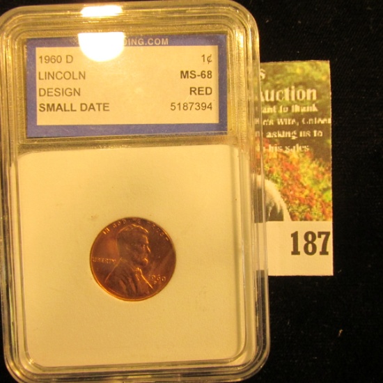 IGS slabbed 1960 D Small Date Lincoln Cent MS68 Red.