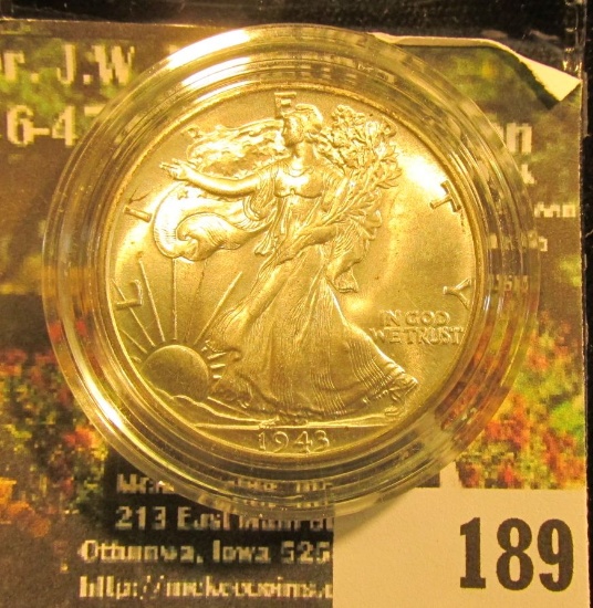 1943 P Walking Liberty Half Dollar, Brilliant Uncirculated and stored in an airtight holder.