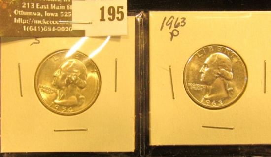 1954 S & 63 P Brilliant Uncirculated Washington Silver Quarters.