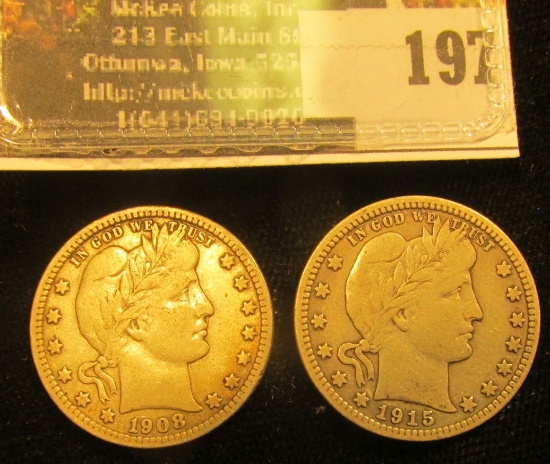 1908 D & 15 P Fine-Vf Barber Quarters.