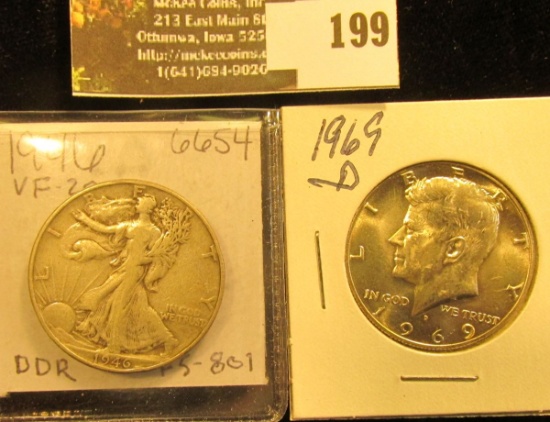 1946 P Wakling Liberty Half Dollar, VF; & 1969 D Silver Kennedy Half Dollar, BU.
