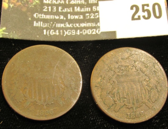 1866 & 1869 U.S. Two Cent Pieces. Circulated.