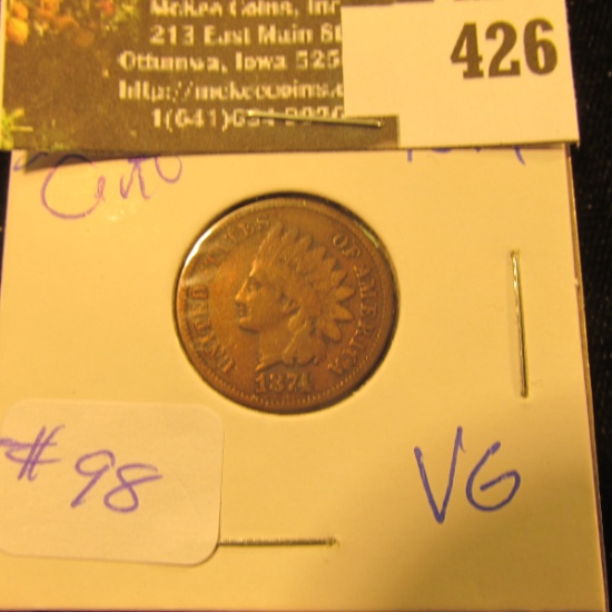 1874 Indian Cent VG - greysheet bid $25