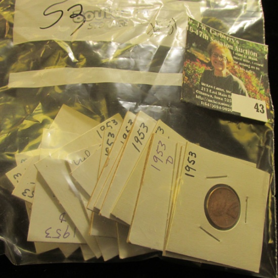 (19) carded 1953 dated Lincoln Cents, all ready to price for the flea market. Various grades and con
