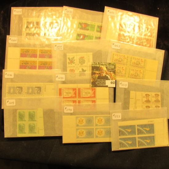 US Stamps - plateblocks in glassine - Scott #1193 4-4blks,#1194 3-4blks, #1209 2-4blks, #1214 2-4blk