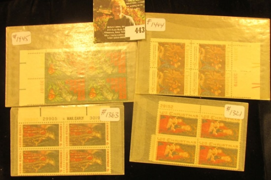 US Christmas Stamps - plateblocks in glassine - Scott # 1321 1-10blk, #1363 1-10blk, #1444 4blk,#144