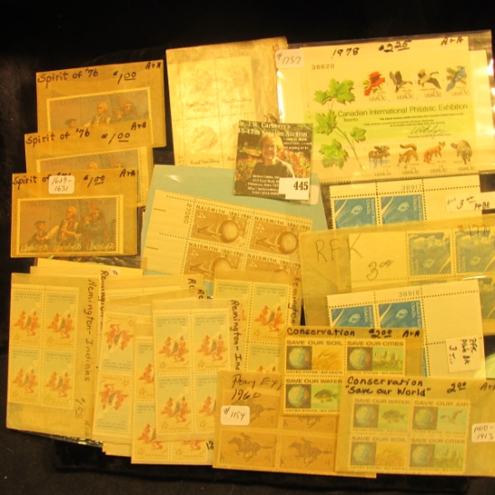 US Stamps plateblocks - Scott #1187 16-4blks, #1189 2-4blks, #1770 RFK's 3-4blks, #1154 Pony Express