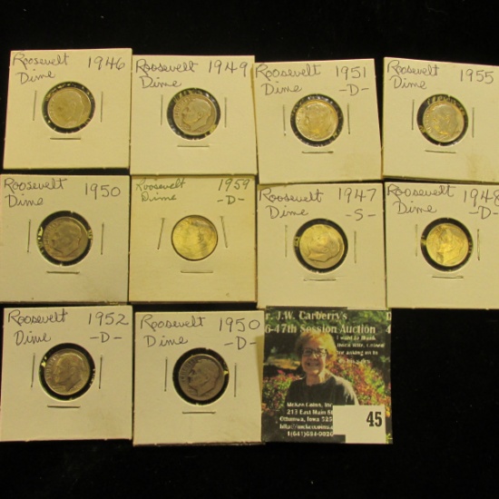 (10) Different Date or Mint Mark Silver Roosevelt Dimes. All carded and ready for the flea market.
