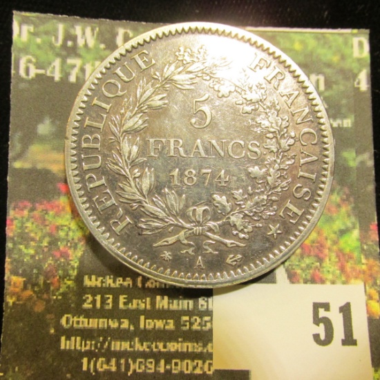 1874 A Republic of France Silver Five Francs. EF. A nice Silver-Dollar size coin.