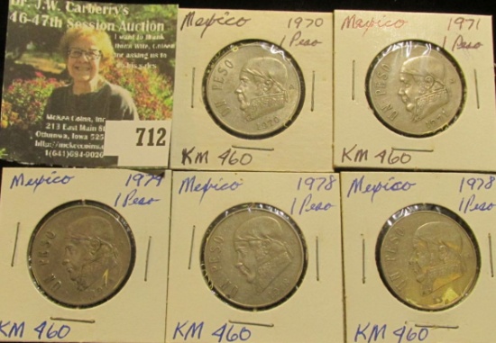 1970, 71, 74, & (2) 78 Mexico One Peso Coins.
