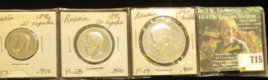 Russia: 1896 Silver 25 Kopek & 50 Kopek; & 1897 One Rouble. All Silver.