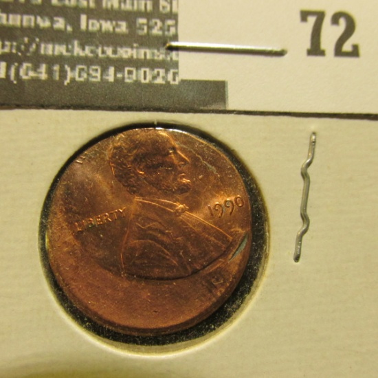 1990 Lincoln Cent Mint error 30% off-Strike at K1. BU.
