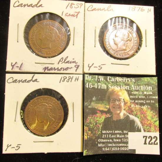 1859 Plain narrow 9, 1876H, & 1881H Canada Large Cents.